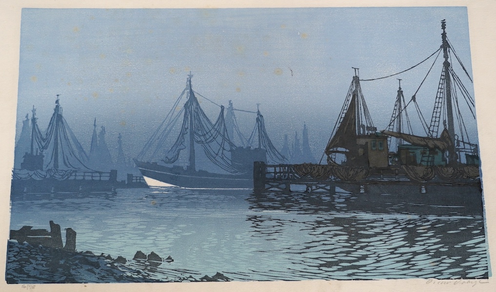 Oscar Droege (1898-1983), colour woodcut, 'The Harbour', signed in pencil, 16/75, 24 x 40cm. Condition - good